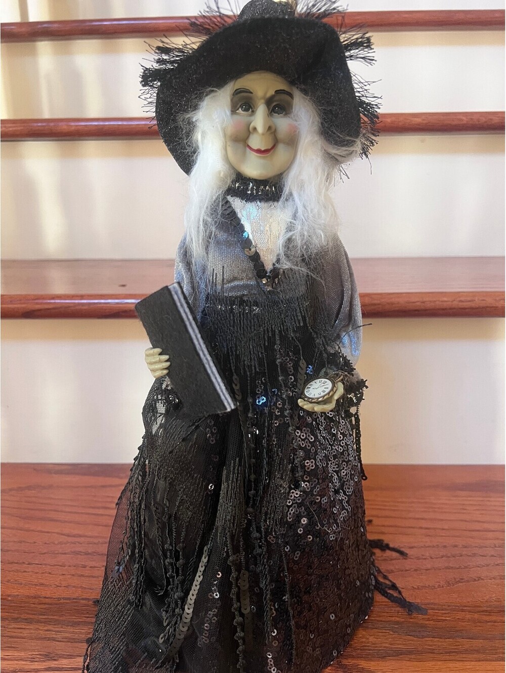 Halloween Witch Tree Topper Doll Black Sequin Dress Spell Book Pocket Watch